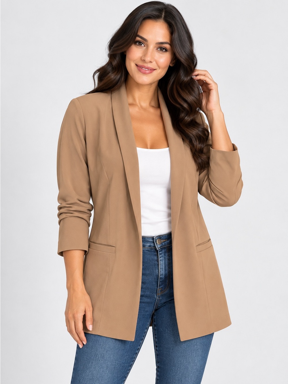 FASHION NOVA Blazer Brown Open Front Stretchy Material Ruched Sleeves 2X